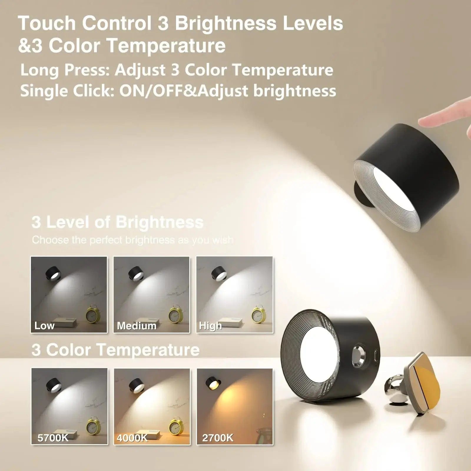 Olvoria | Battery-Powered Wall Lamp | Rechargeable, 360° Adjustable and Wireless for Bedrooms, Hallways, and Reading Corners