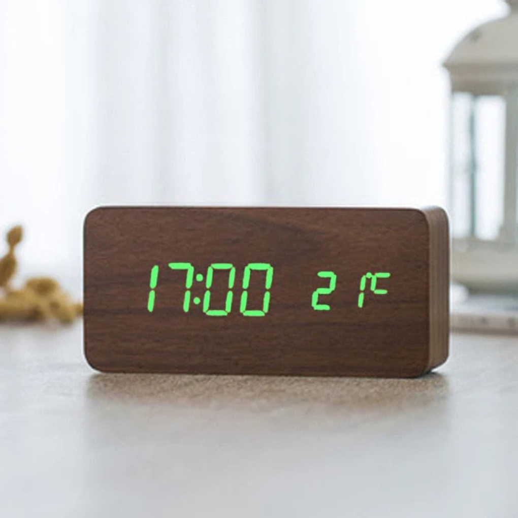 Olvoria | Digital LED Alarm Clock with Wood Look and Temperature