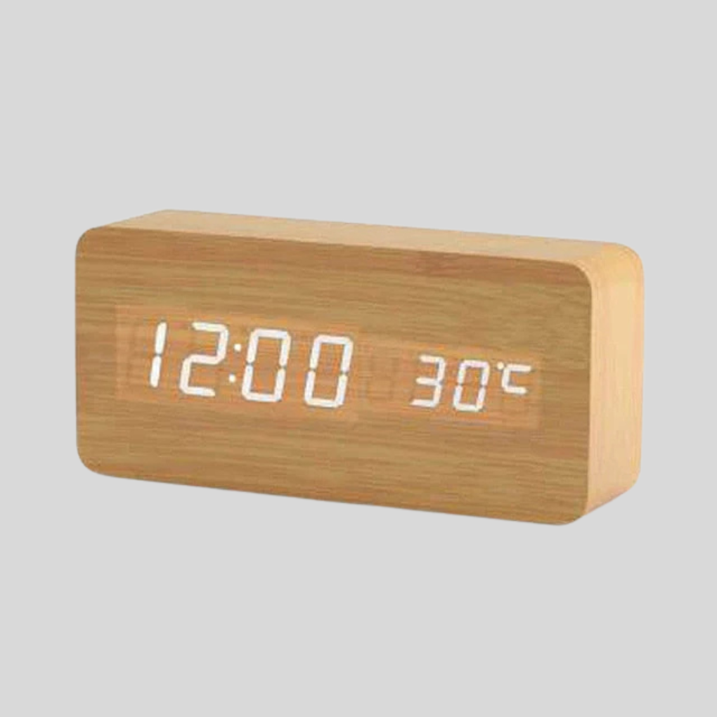 Olvoria | Digital LED Alarm Clock with Wood Look and Temperature