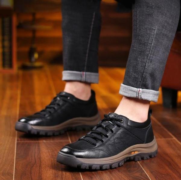 Olvoria | Hand-Stitched Men's Casual Shoes | Genuine Cowhide Leather | Orthopedic Three-Foot Support Design | Non-Slip Rubber Sole | Water-Repellent & Breathable | Black & Brown