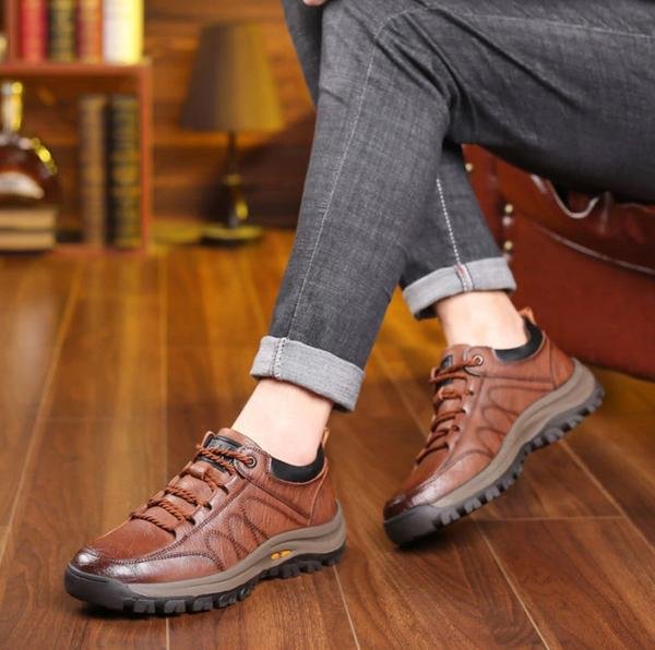 Olvoria | Hand-Stitched Men's Casual Shoes | Genuine Cowhide Leather | Orthopedic Three-Foot Support Design | Non-Slip Rubber Sole | Water-Repellent & Breathable | Black & Brown