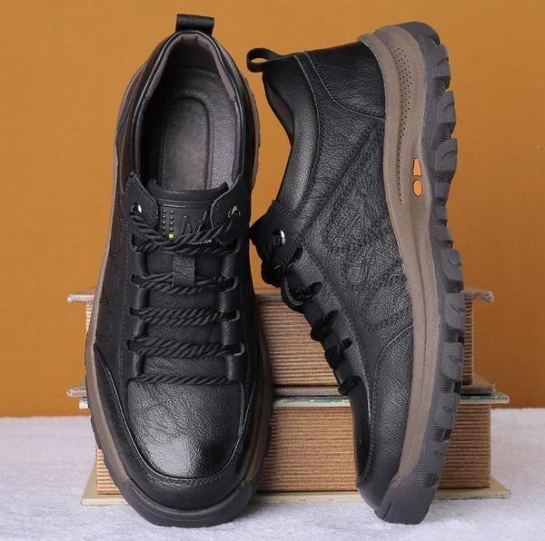 Olvoria | Hand-Stitched Men's Casual Shoes | Genuine Cowhide Leather | Orthopedic Three-Foot Support Design | Non-Slip Rubber Sole | Water-Repellent & Breathable | Black & Brown
