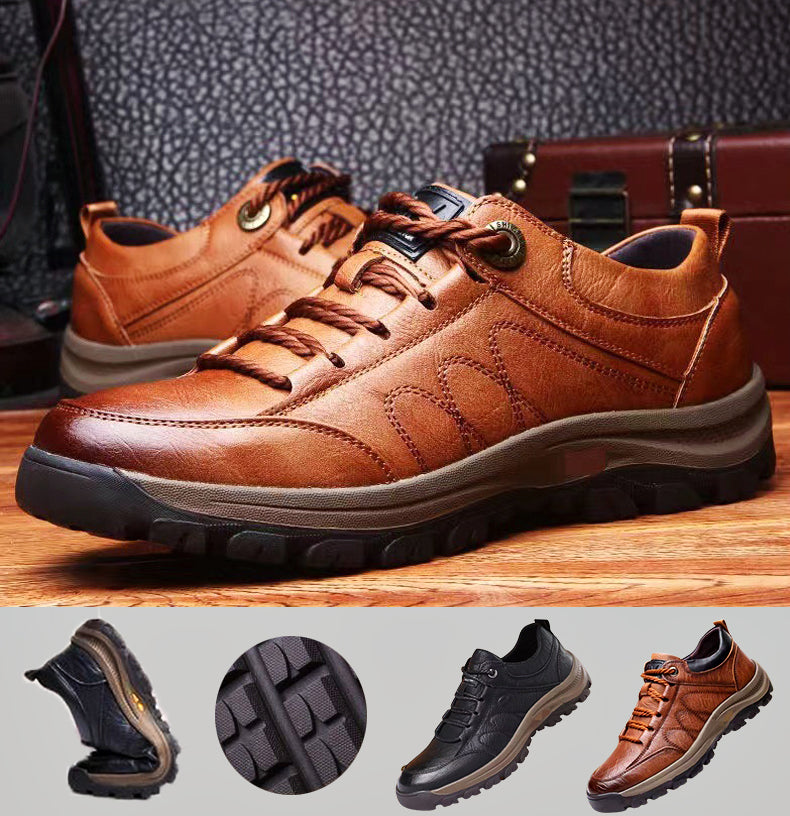 Olvoria | Hand-Stitched Men's Casual Shoes | Genuine Cowhide Leather | Orthopedic Three-Foot Support Design | Non-Slip Rubber Sole | Water-Repellent & Breathable | Black & Brown