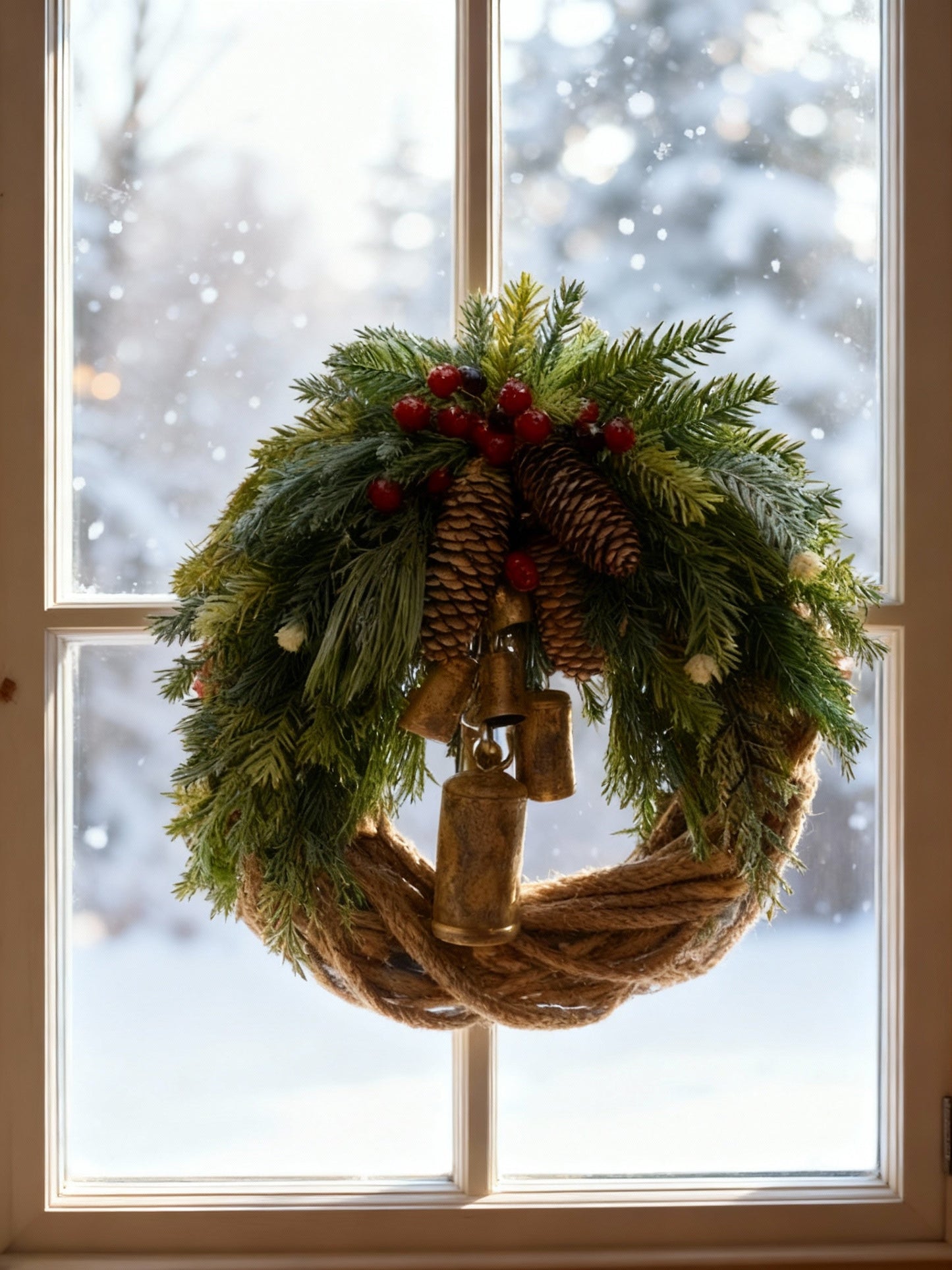 Olvoria | Handmade Bohemian Winter Wreath | Bells, Pinecones & Berries | 43 cm | Indoor/Outdoor