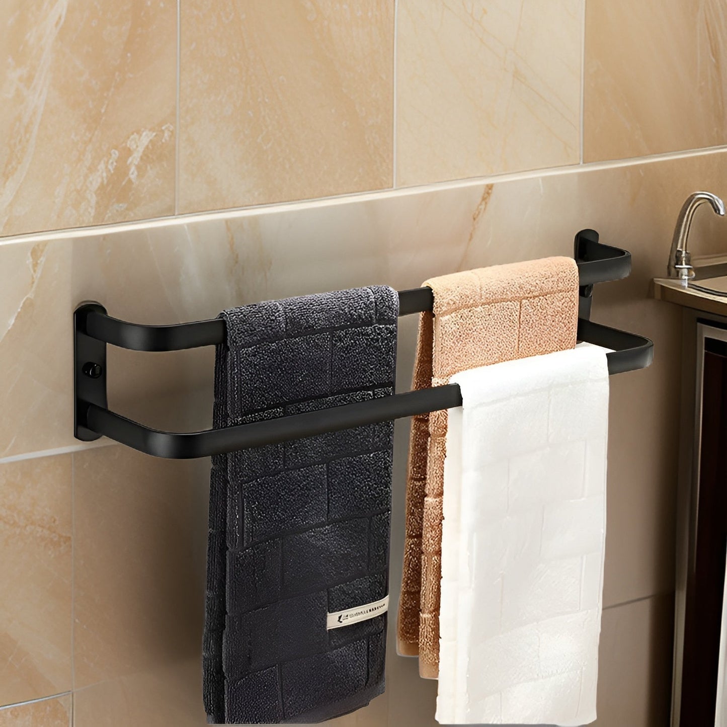 Olvoria | HangEase 3-Tier Towel Holder – Black Wall-Mounted Aluminum Rack Without Drilling