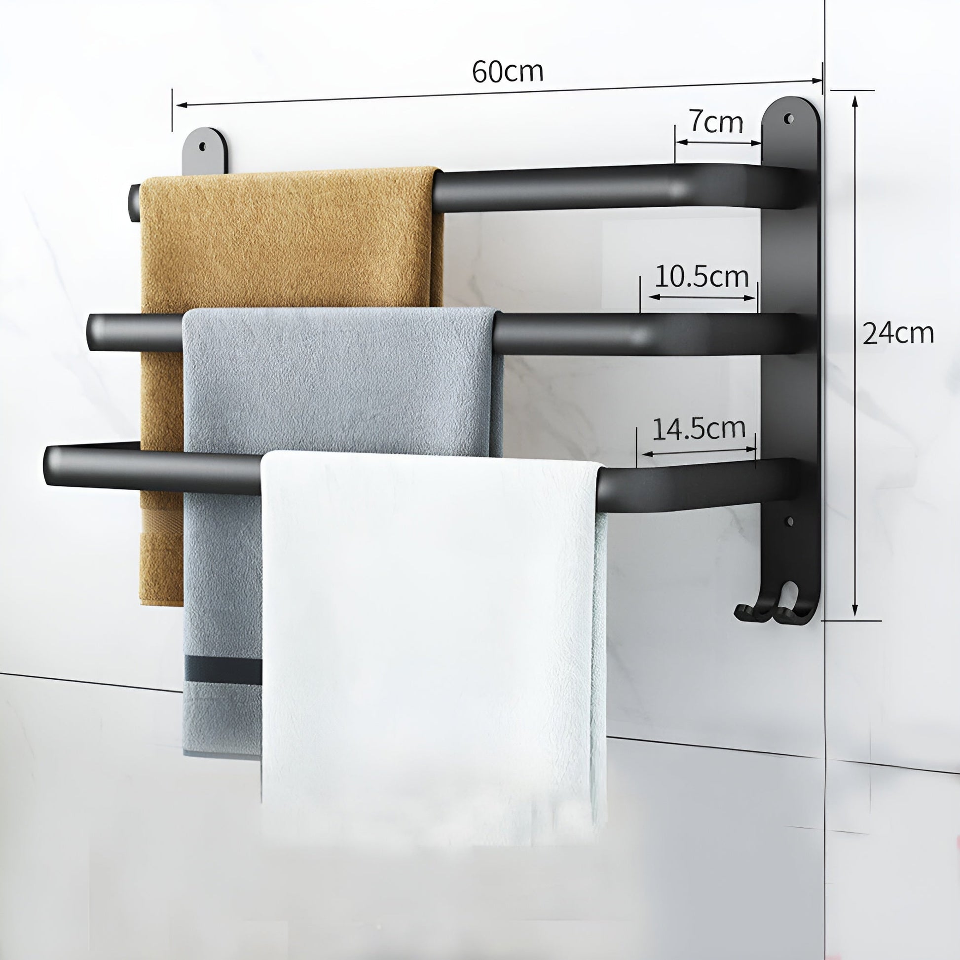 Olvoria | HangEase 3-Tier Towel Holder – Black Wall-Mounted Aluminum Rack Without Drilling