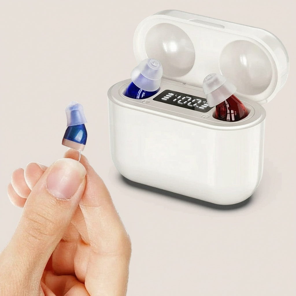 Olvoria | HearPro ITC Hearing Amplifier Set | Rechargeable | Intelligent Noise Cancellation | In-Ear Design (Discreet) | 20 Hours Battery Life | Includes Mobile Charging Case