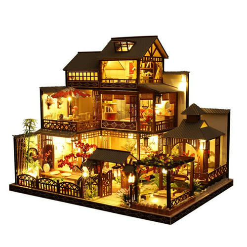 Olvoria | Large Realistic Wooden Dollhouse with LED Lights | DIY Miniature Playhouse