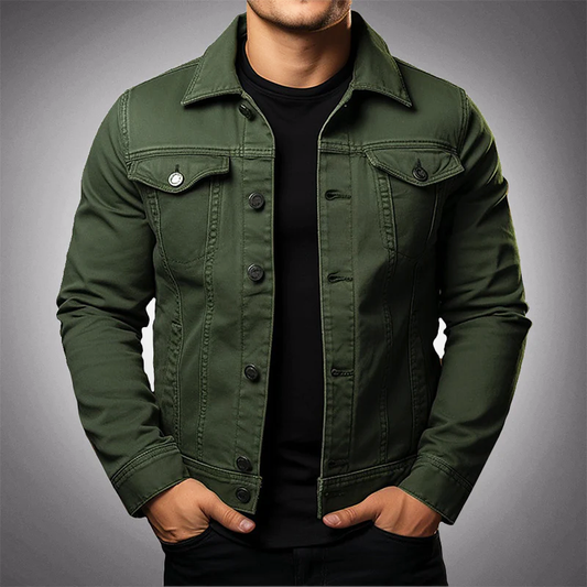 Olvoria | Men's Button-Front Denim Jacket with Polo Collar
