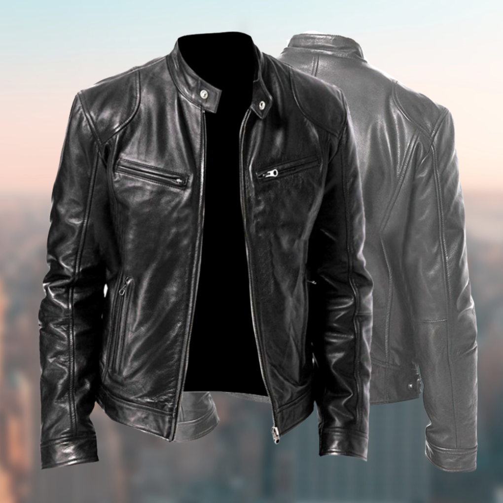 Olvoria | Men's Cafe Racer Leather Jacket with Zipper Pockets