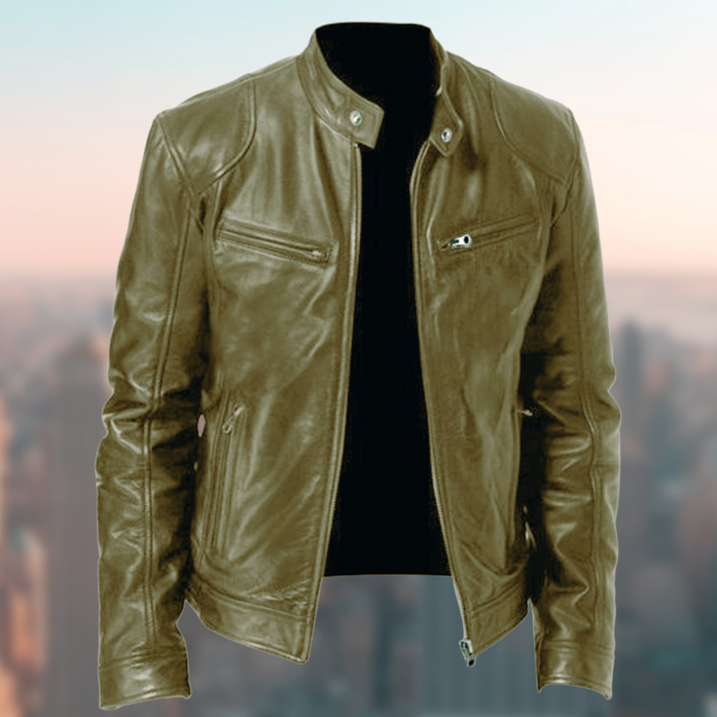 Olvoria | Men's Cafe Racer Leather Jacket with Zipper Pockets