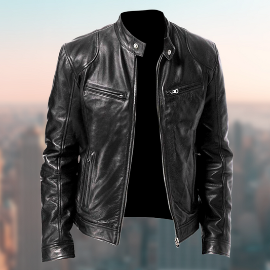 Olvoria | Men's Cafe Racer Leather Jacket with Zipper Pockets
