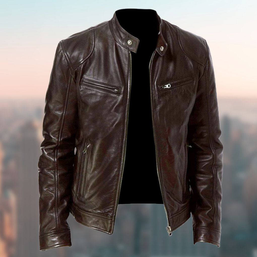 Olvoria | Men's Cafe Racer Leather Jacket with Zipper Pockets