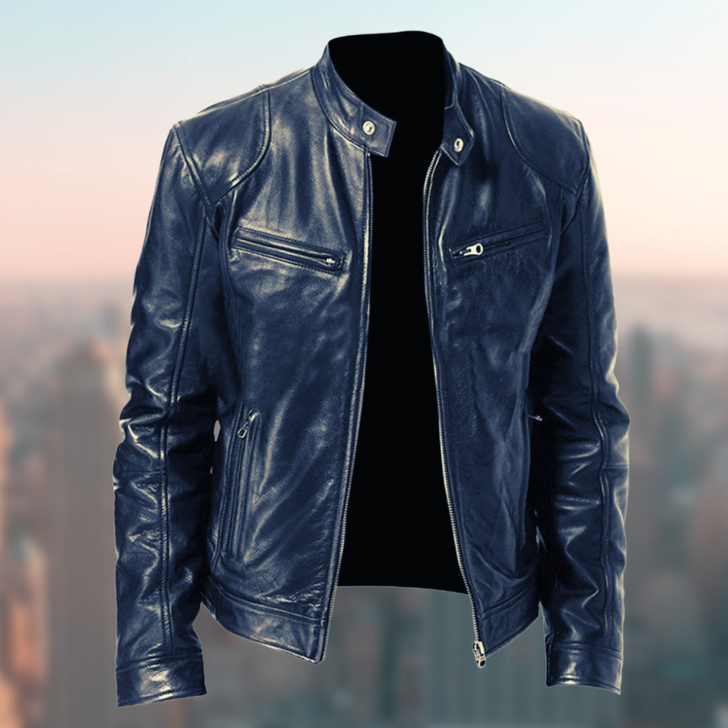 Olvoria | Men's Cafe Racer Leather Jacket with Zipper Pockets