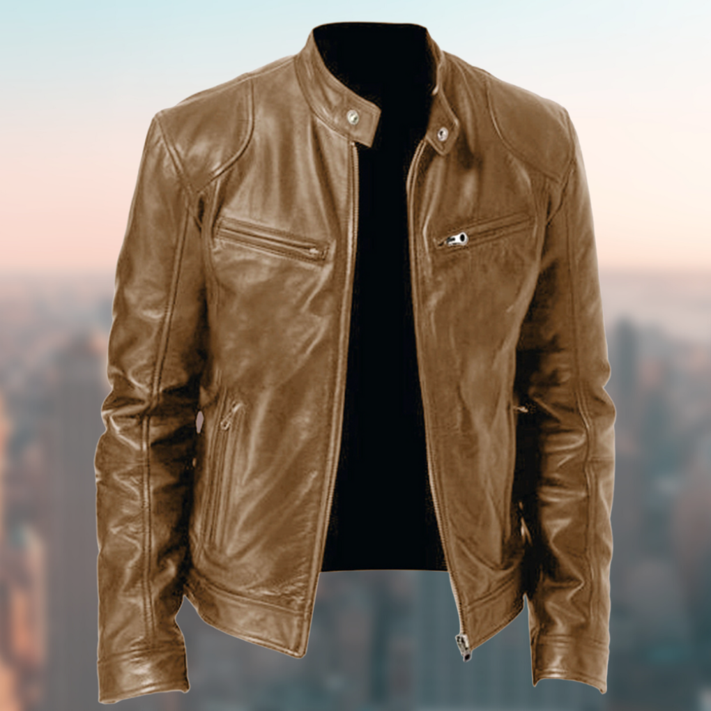 Olvoria | Men's Cafe Racer Leather Jacket with Zipper Pockets