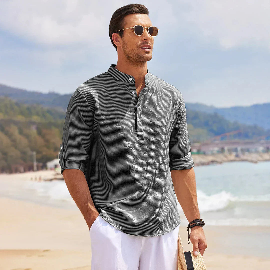 Olvoria | Men's Casual Henley Shirt with Mandarin Collar