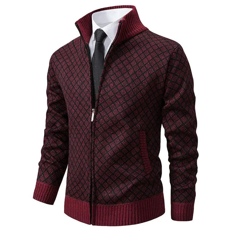 Olvoria | Men's Geometric Pattern Zip-Up Cardigan