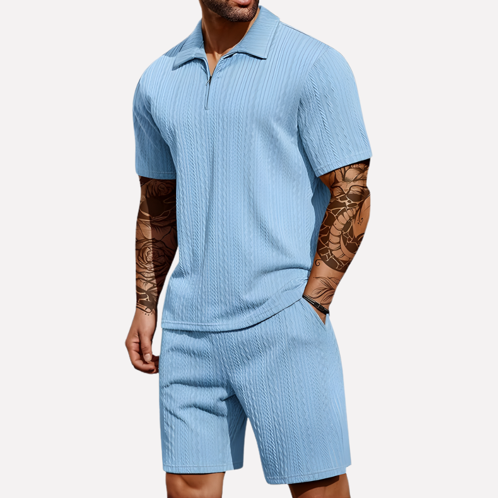 Olvoria | Men's Textured Quarter-Zip Polo & Shorts Set