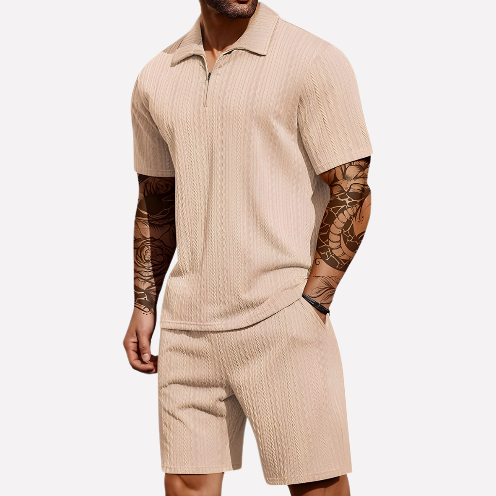 Olvoria | Men's Textured Quarter-Zip Polo & Shorts Set