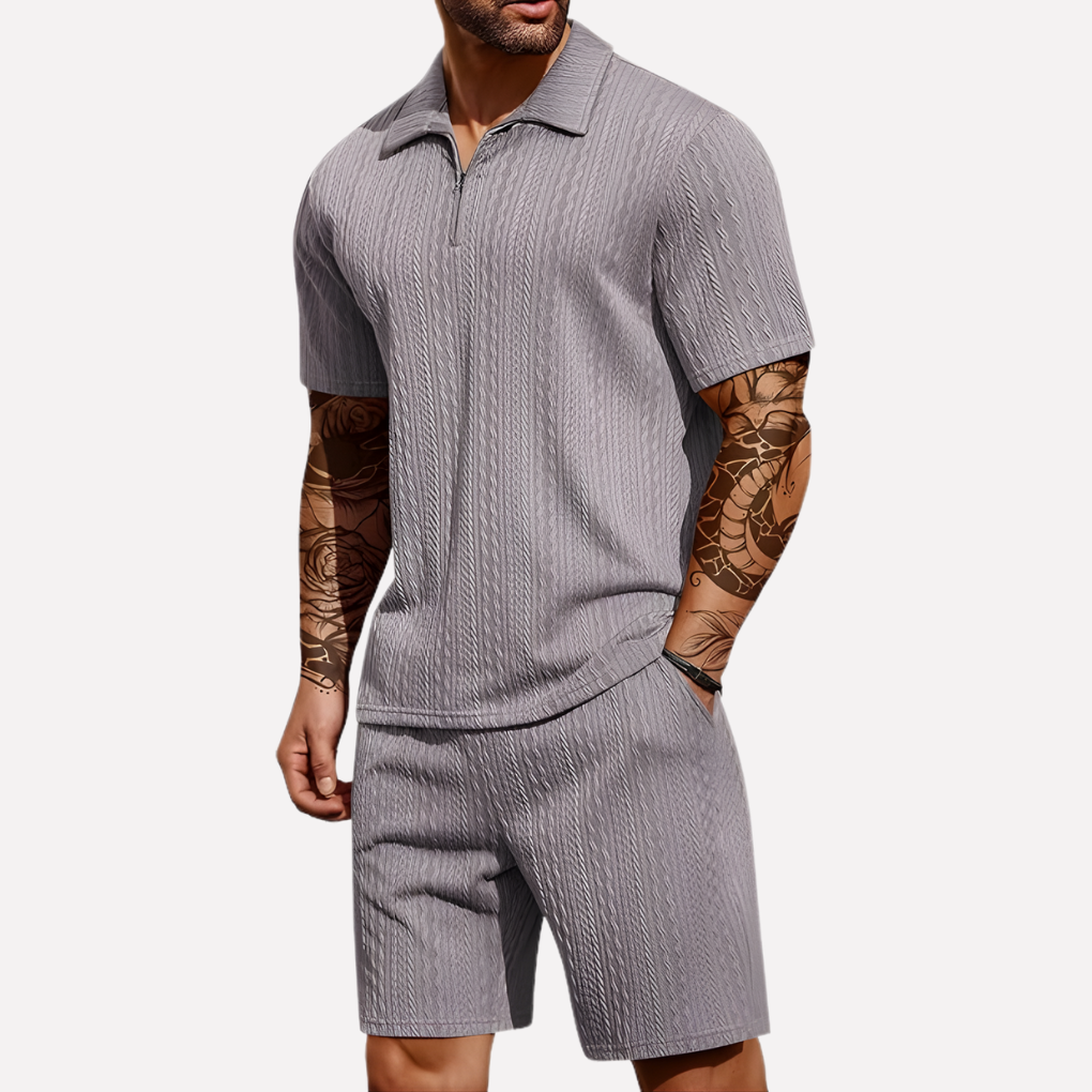 Olvoria | Men's Textured Quarter-Zip Polo & Shorts Set
