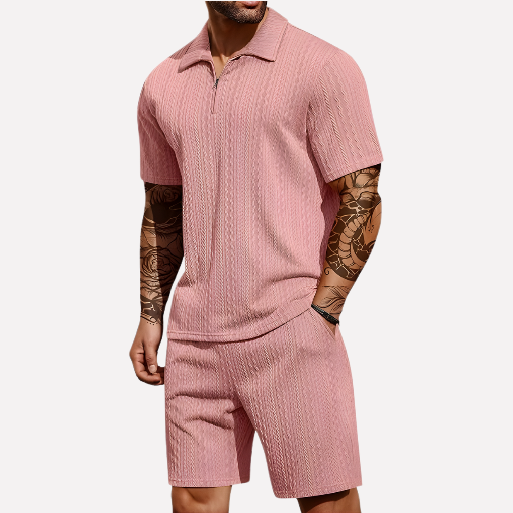 Olvoria | Men's Textured Quarter-Zip Polo & Shorts Set