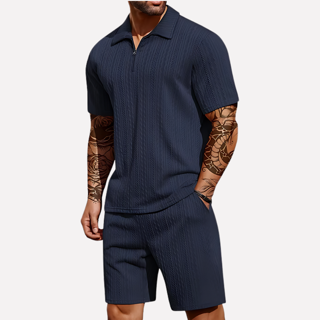 Olvoria | Men's Textured Quarter-Zip Polo & Shorts Set