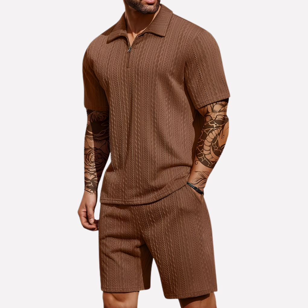 Olvoria | Men's Textured Quarter-Zip Polo & Shorts Set