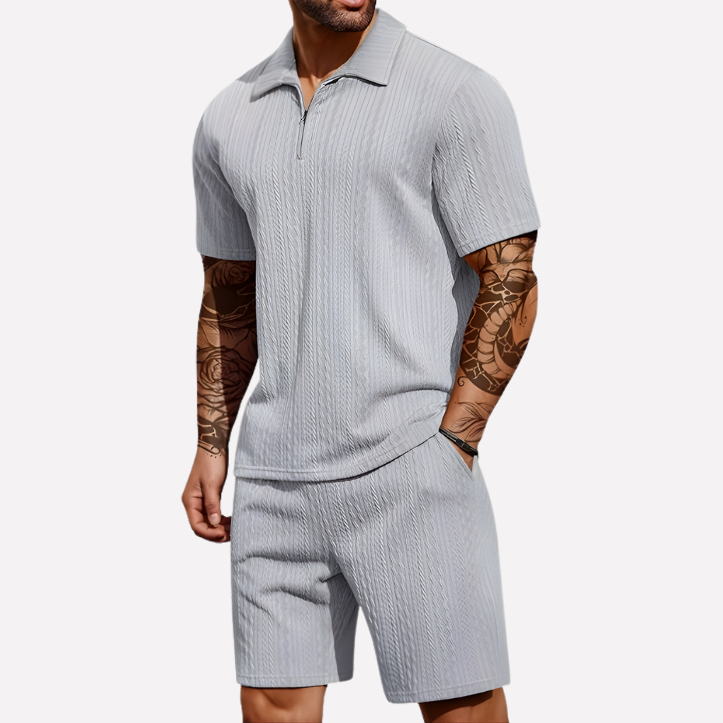 Olvoria | Men's Textured Quarter-Zip Polo & Shorts Set