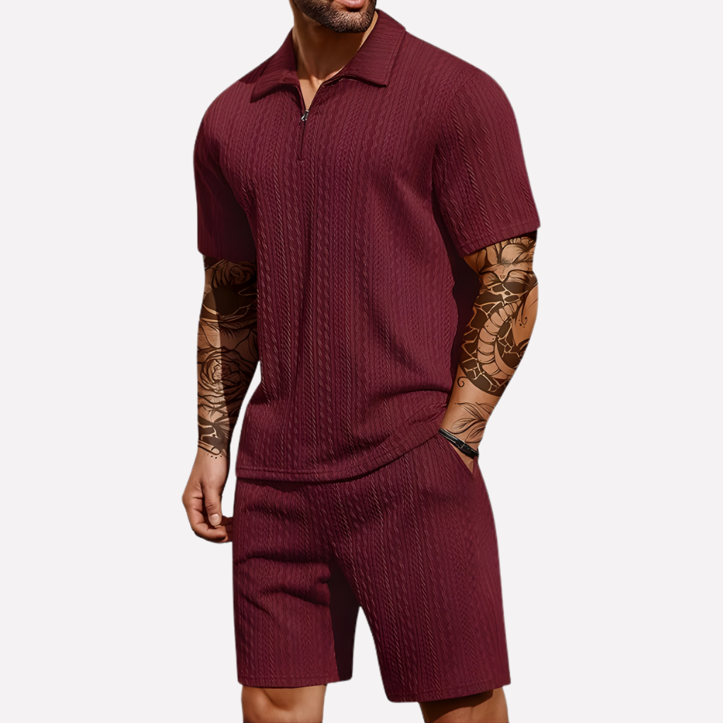 Olvoria | Men's Textured Quarter-Zip Polo & Shorts Set