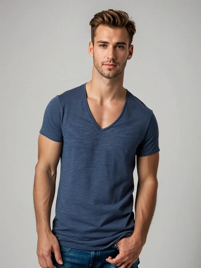 Olvoria | Men's V-Neck T-Shirt with Distressed Collar