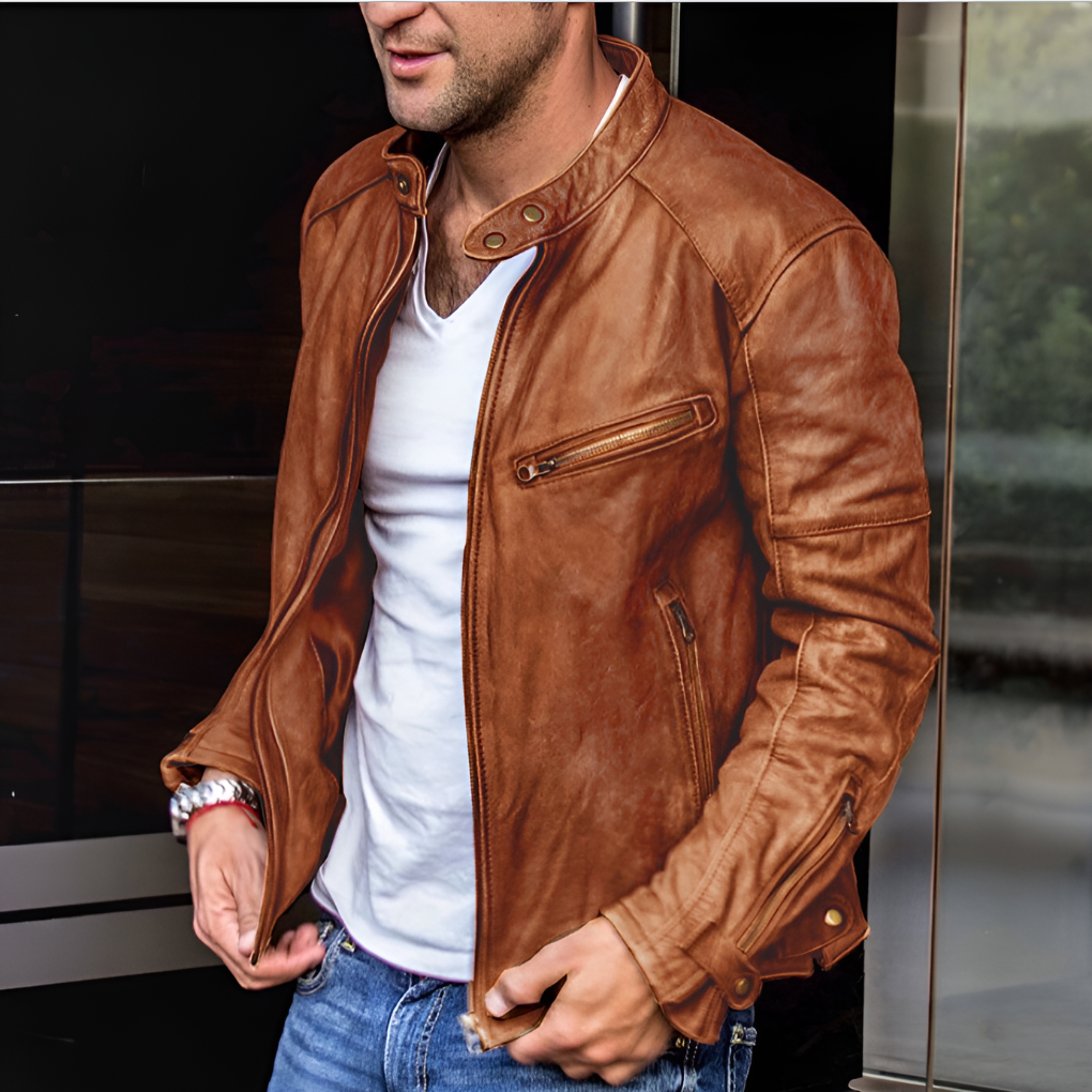 Olvoria | Men's Waterproof Leather Jacket with Zipper Pockets