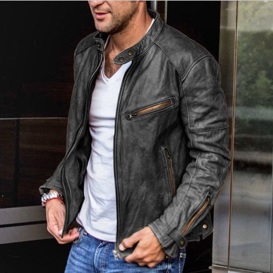 Olvoria | Men's Waterproof Leather Jacket with Zipper Pockets