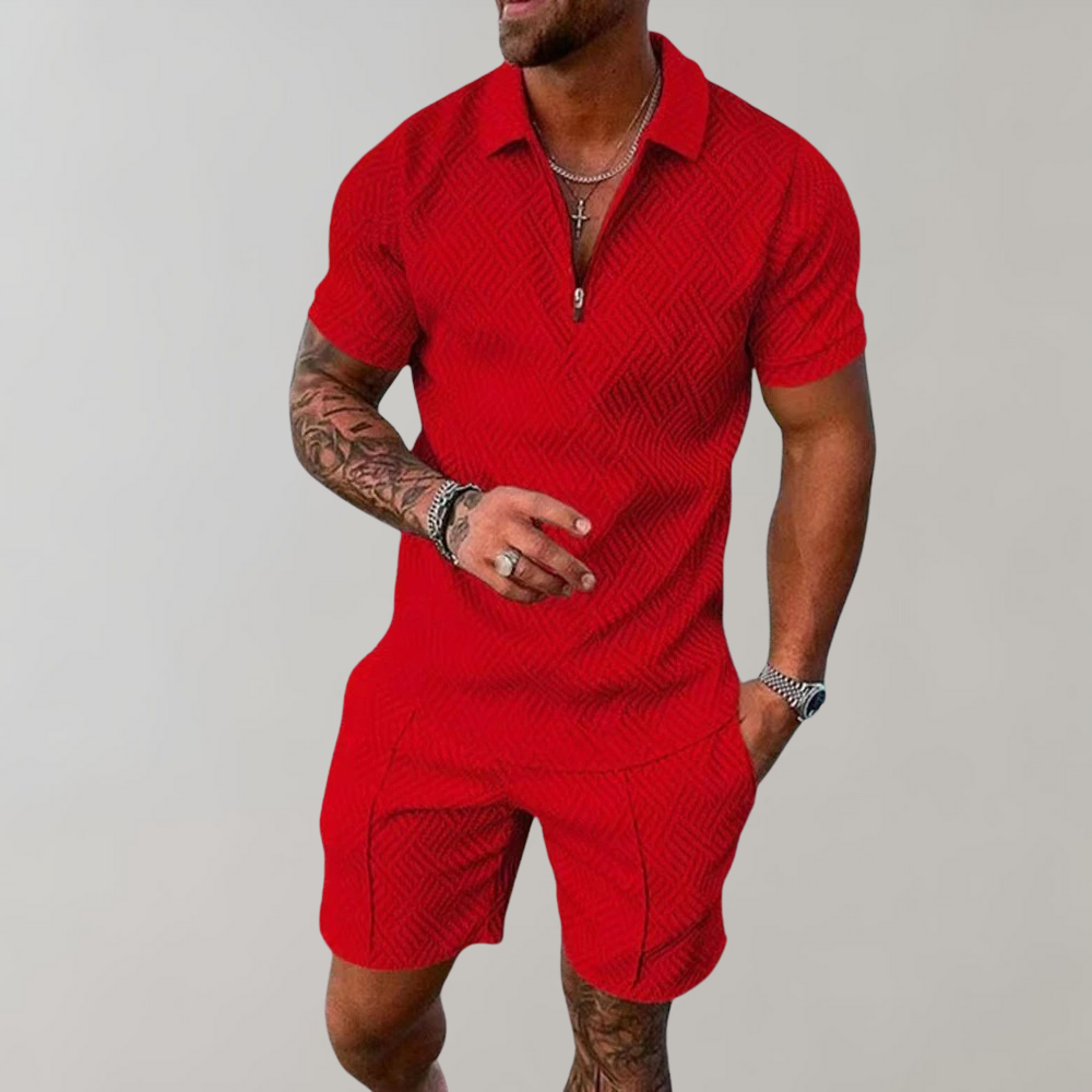Olvoria | Men's Zip Polo & Shorts Set with Geometric Pattern