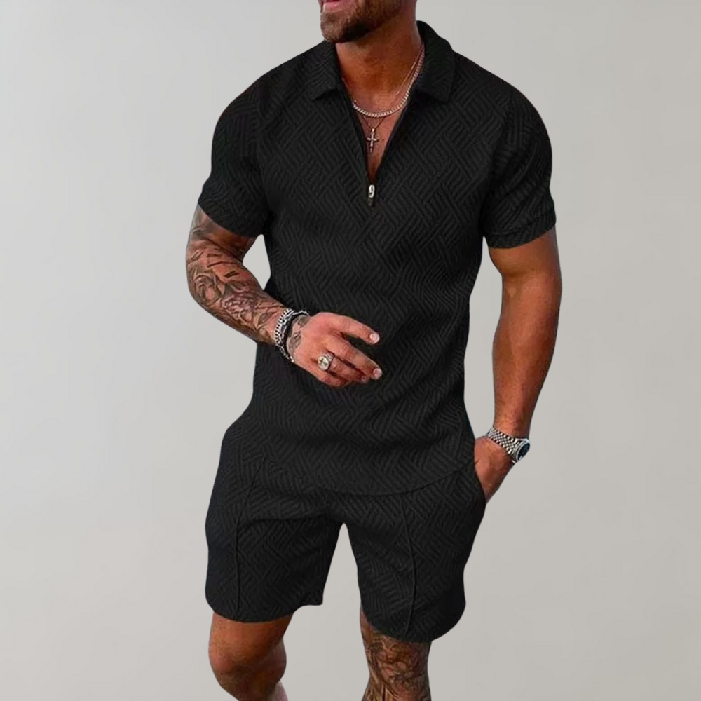 Olvoria | Men's Zip Polo & Shorts Set with Geometric Pattern