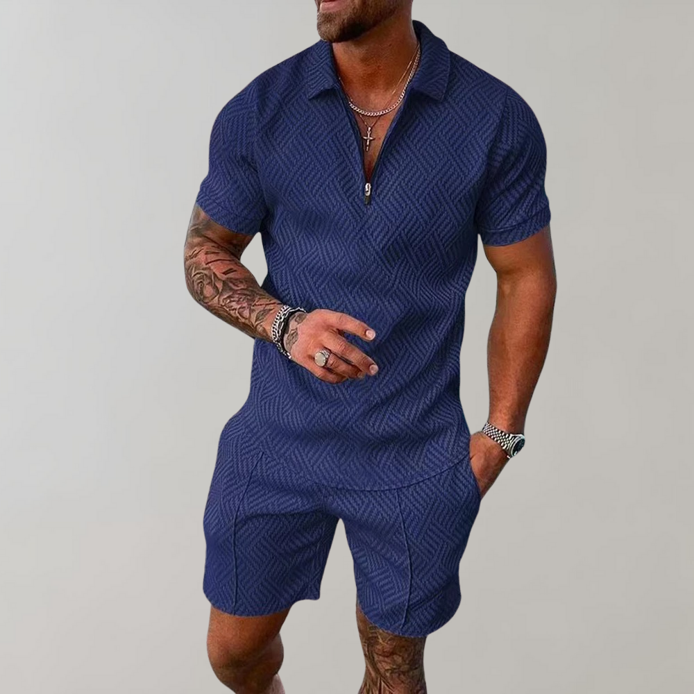 Olvoria | Men's Zip Polo & Shorts Set with Geometric Pattern