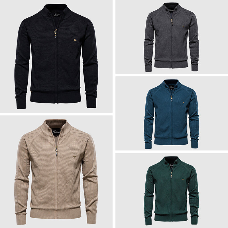 Olvoria | Men's Zip-Up Knit Cardigan with Diamond Stitch