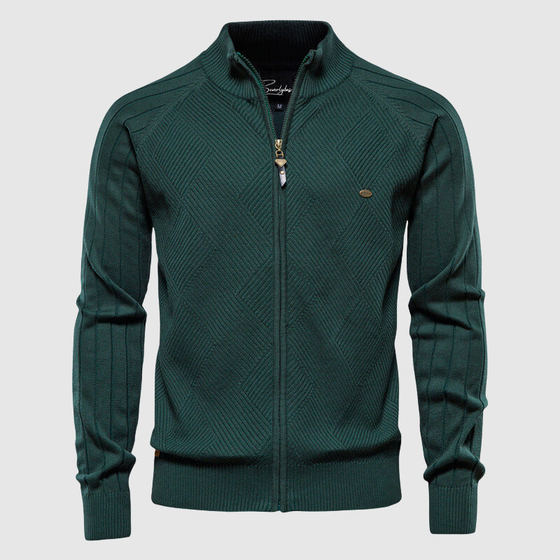Olvoria | Men's Zip-Up Knit Cardigan with Diamond Stitch