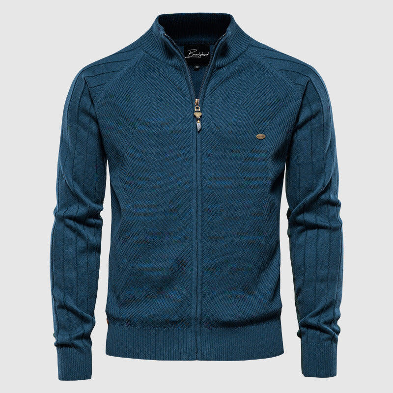 Olvoria | Men's Zip-Up Knit Cardigan with Diamond Stitch