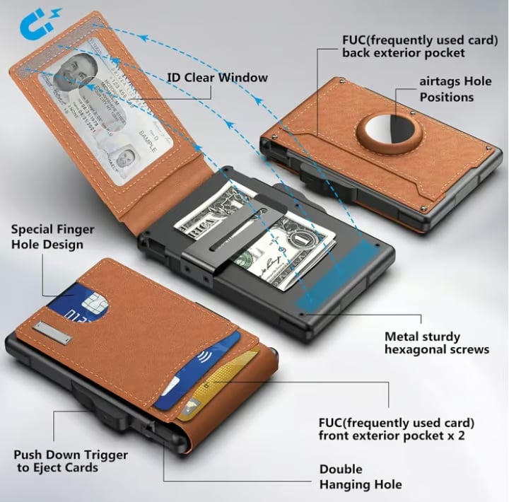 Olvoria | Pop Up Aluminum Bag Money Clip Slim Leather Slots Credit Card Holder RFID Blocking Bifold Minimalist Wallet