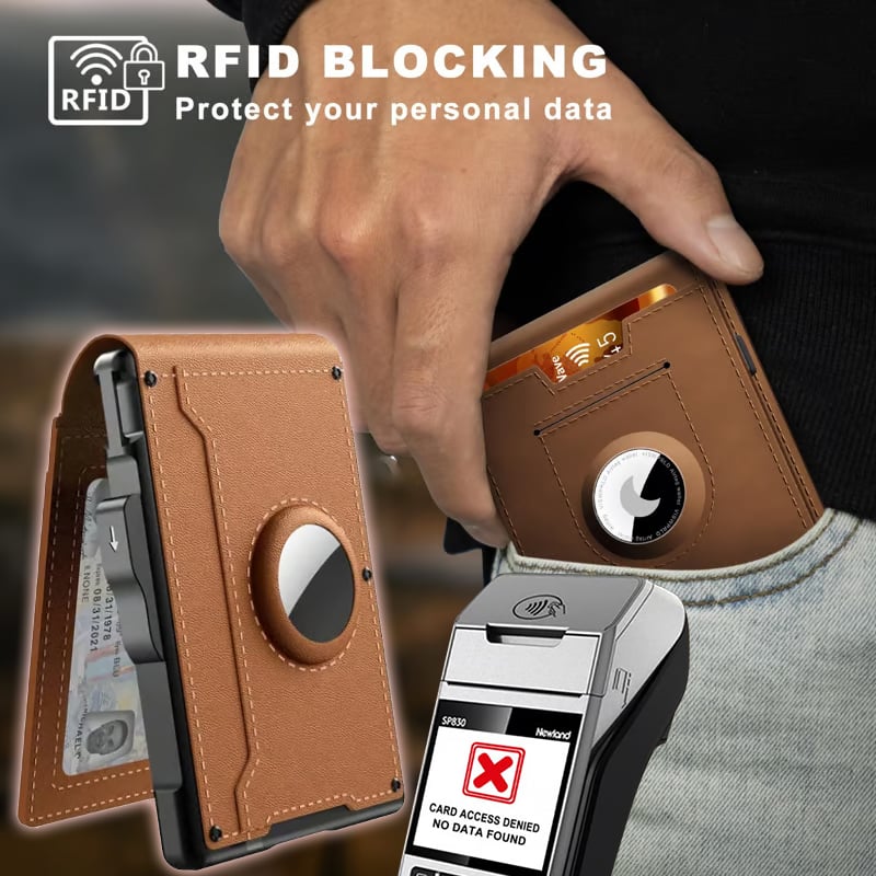 Olvoria | Pop Up Aluminum Bag Money Clip Slim Leather Slots Credit Card Holder RFID Blocking Bifold Minimalist Wallet