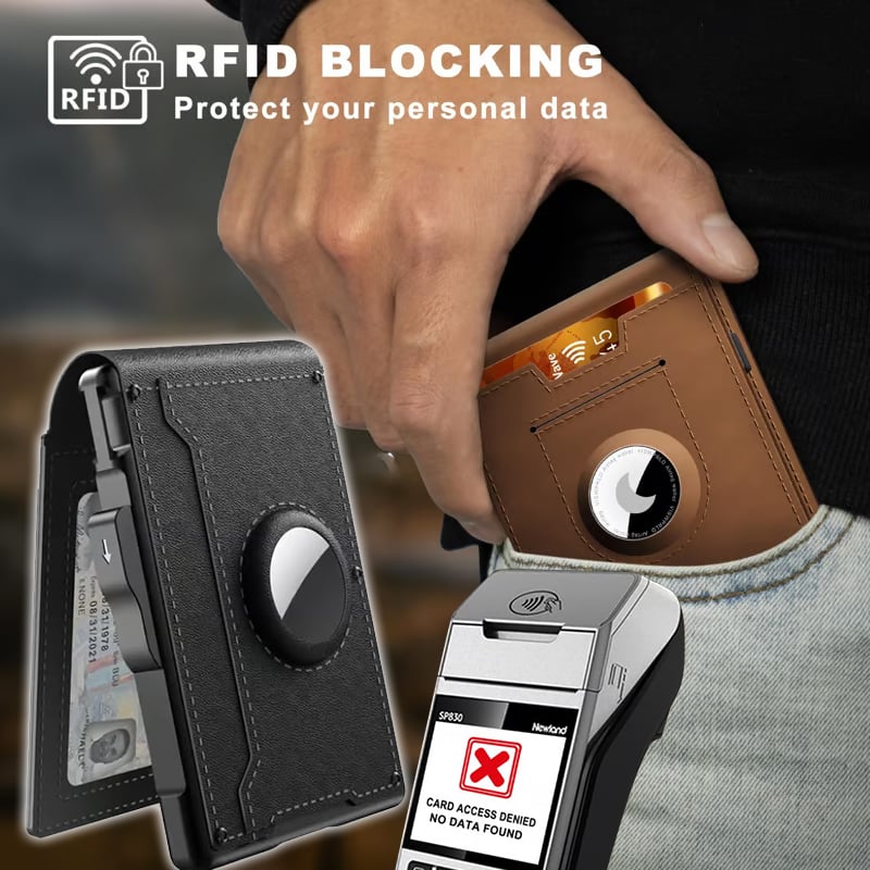 Olvoria | Pop Up Aluminum Bag Money Clip Slim Leather Slots Credit Card Holder RFID Blocking Bifold Minimalist Wallet