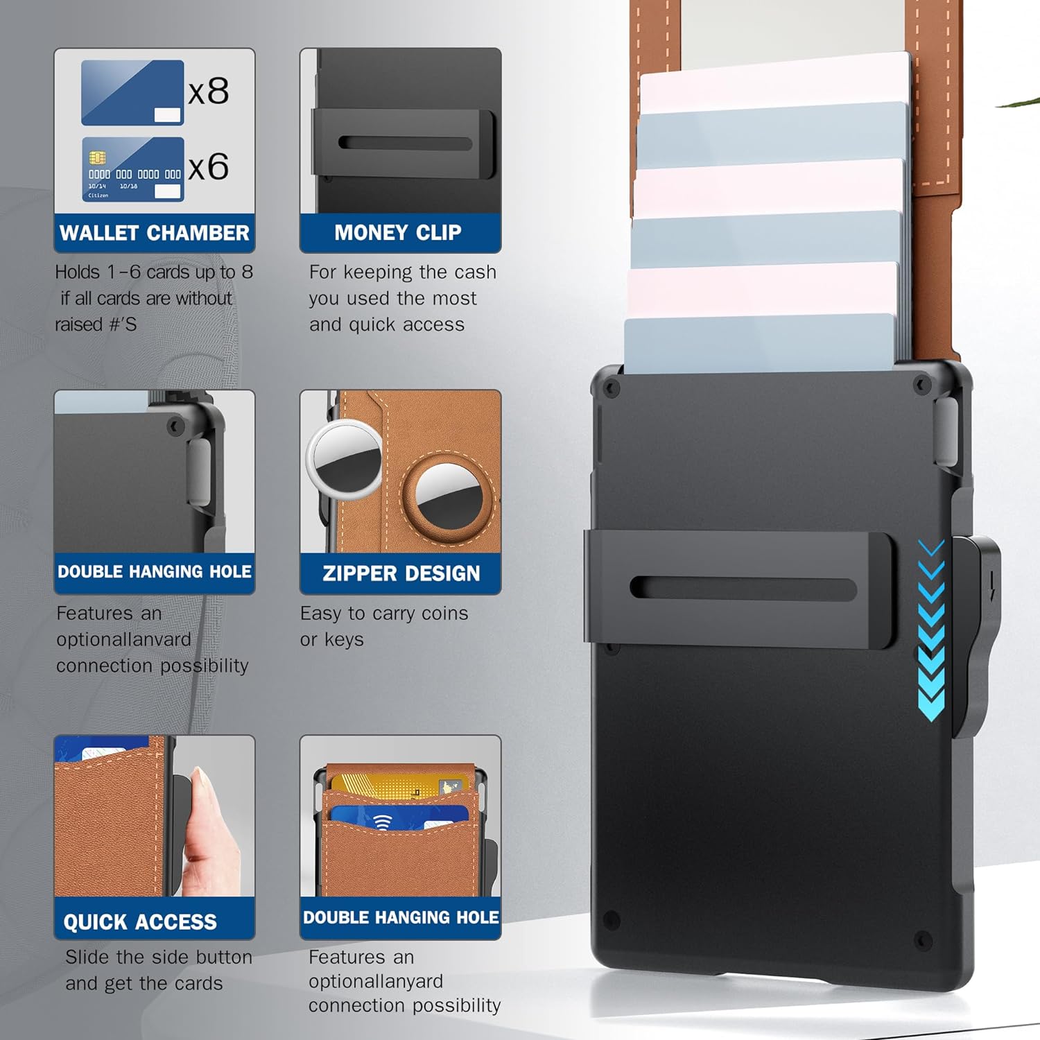 Olvoria | Pop Up Aluminum Bag Money Clip Slim Leather Slots Credit Card Holder RFID Blocking Bifold Minimalist Wallet