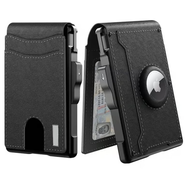 Olvoria | Pop Up Aluminum Bag Money Clip Slim Leather Slots Credit Card Holder RFID Blocking Bifold Minimalist Wallet