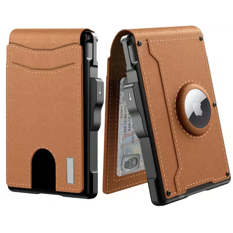 Olvoria | Pop Up Aluminum Bag Money Clip Slim Leather Slots Credit Card Holder RFID Blocking Bifold Minimalist Wallet