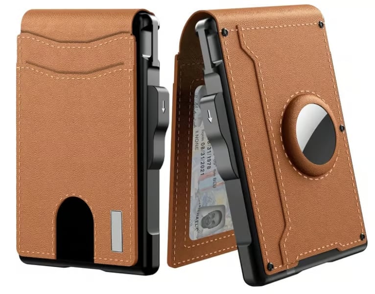 Olvoria | Pop Up Aluminum Bag Money Clip Slim Leather Slots Credit Card Holder RFID Blocking Bifold Minimalist Wallet