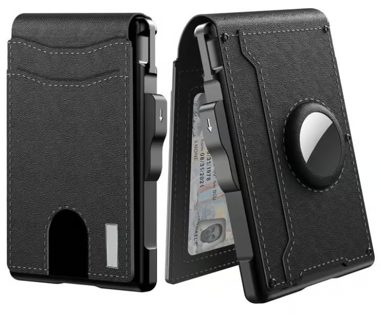 Olvoria | Pop Up Aluminum Bag Money Clip Slim Leather Slots Credit Card Holder RFID Blocking Bifold Minimalist Wallet