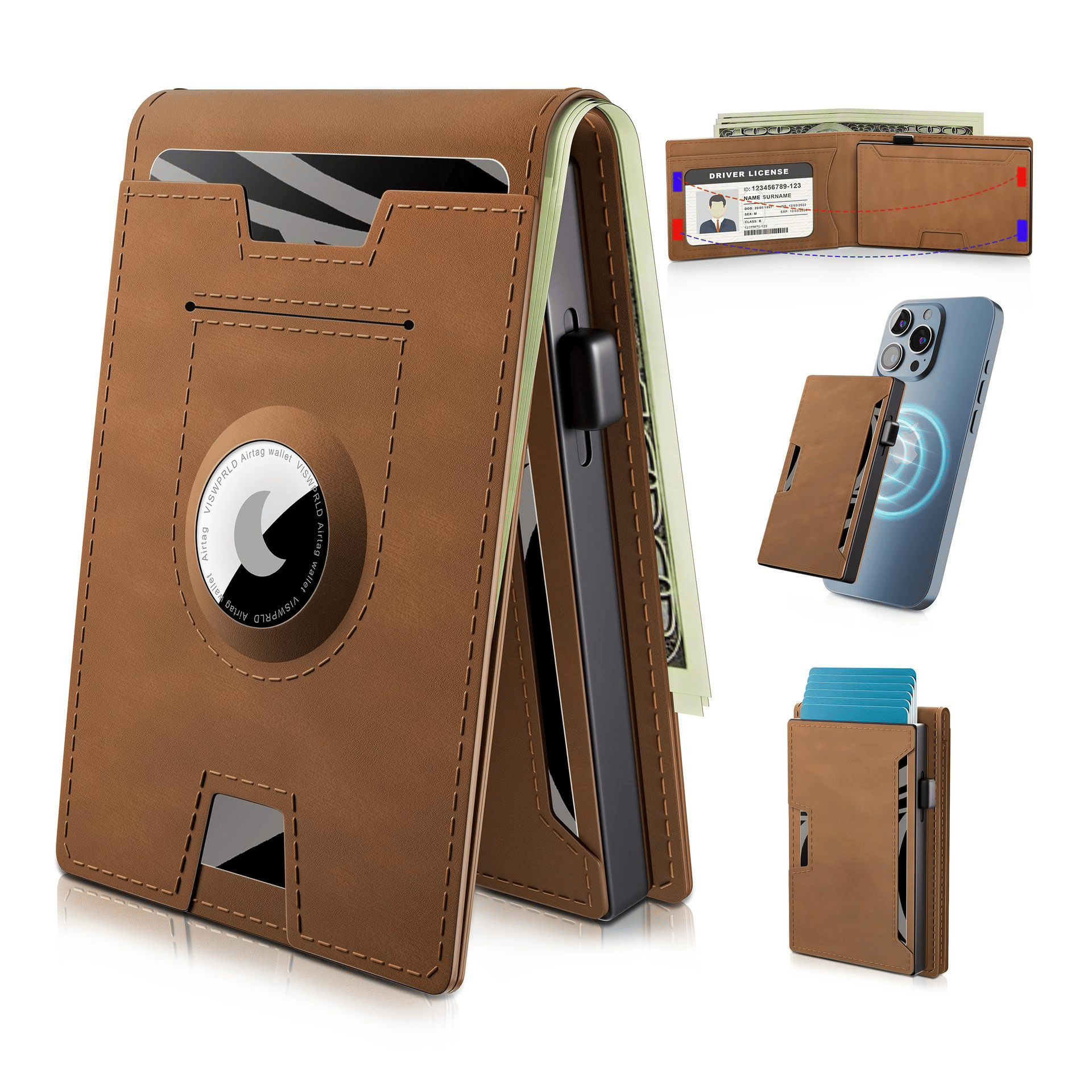 Olvoria | Pop Up Aluminum Bag Money Clip Slim Leather Slots Credit Card Holder RFID Blocking Bifold Minimalist Wallet