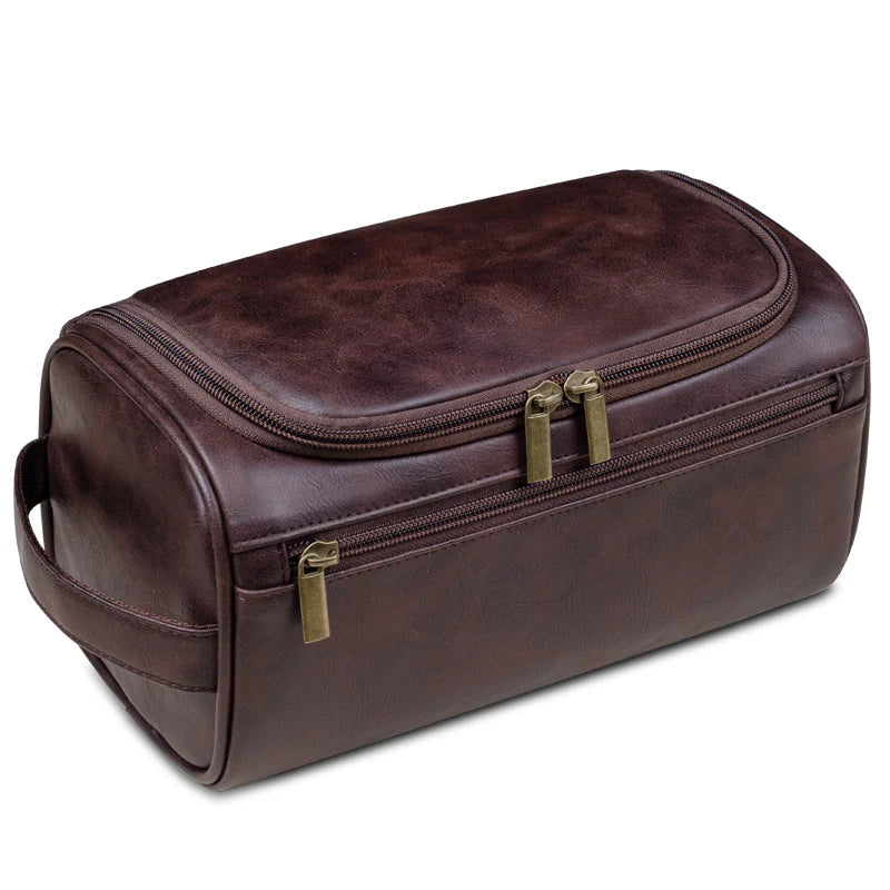 Olvoria | Premium Leather Toiletry Bag | Three-Layer Water-Repellent Design | Integrated Metal Hook for Hanging | 25x13x13 cm | Compact Travel Organizer with Quick Access Pocket