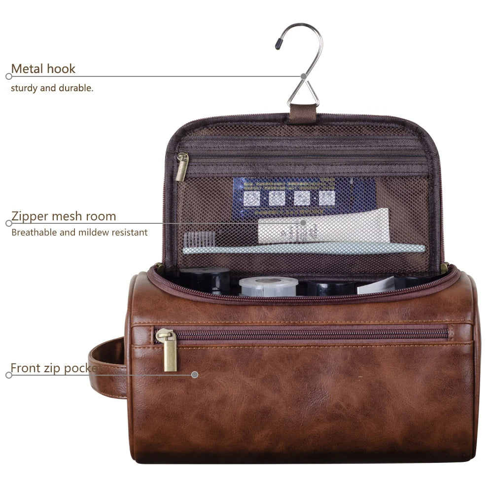 Olvoria | Premium Leather Toiletry Bag | Three-Layer Water-Repellent Design | Integrated Metal Hook for Hanging | 25x13x13 cm | Compact Travel Organizer with Quick Access Pocket