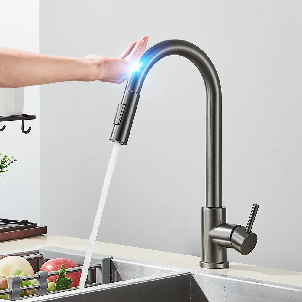 Olvoria | SmartTouch | Kitchen Faucet with Touch Sensor and Pull-Down Spray Head – Brushed Nickel